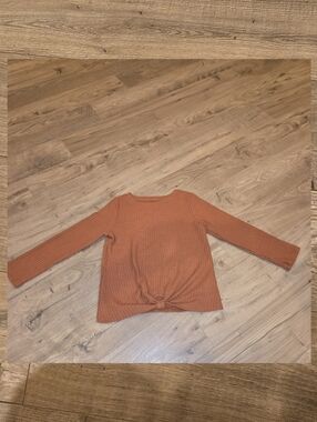 🌻 Girls Fall Rust Orange Waffle Front Knot Detail Knit Shirt‎ Size Xs (4/5)